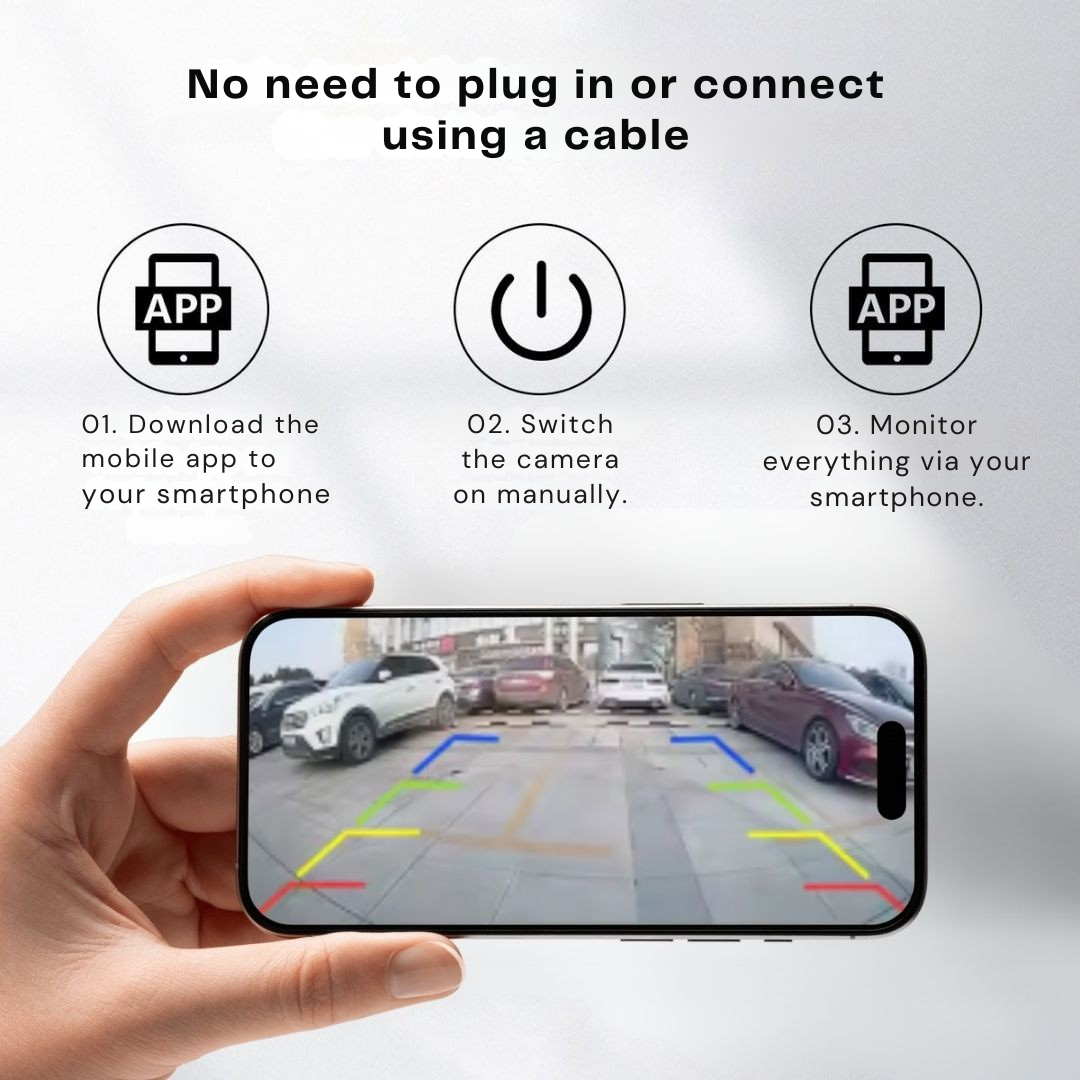 Smartphone tenu en main affichant la vue de recul avec lignes de guidage colorées, accompagné de trois étapes illustrées de mise en route sans câble. 3