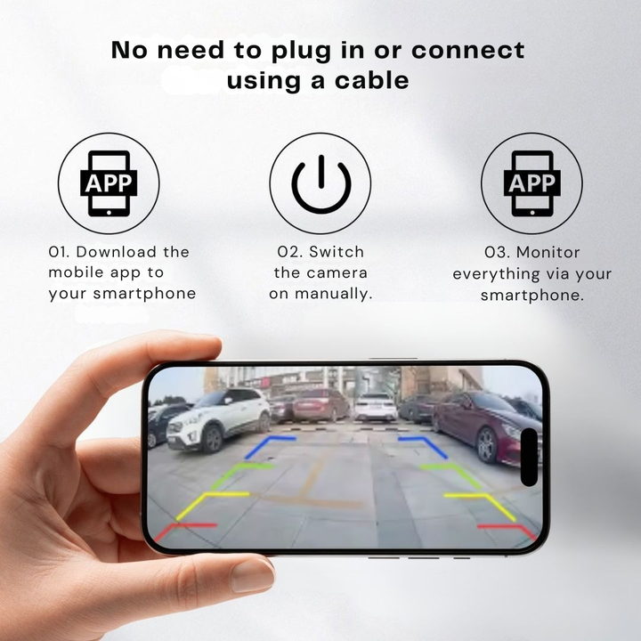 Smartphone tenu en main affichant la vue de recul avec lignes de guidage colorées, accompagné de trois étapes illustrées de mise en route sans câble. 3