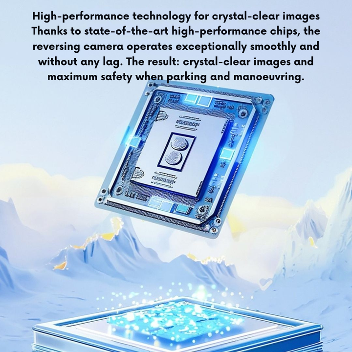 Illustration stylisée d'une puce électronique lumineuse flottant au-dessus d'un paysage de montagnes enneigées, évoquant la technologie embarquée et la fluidité 4