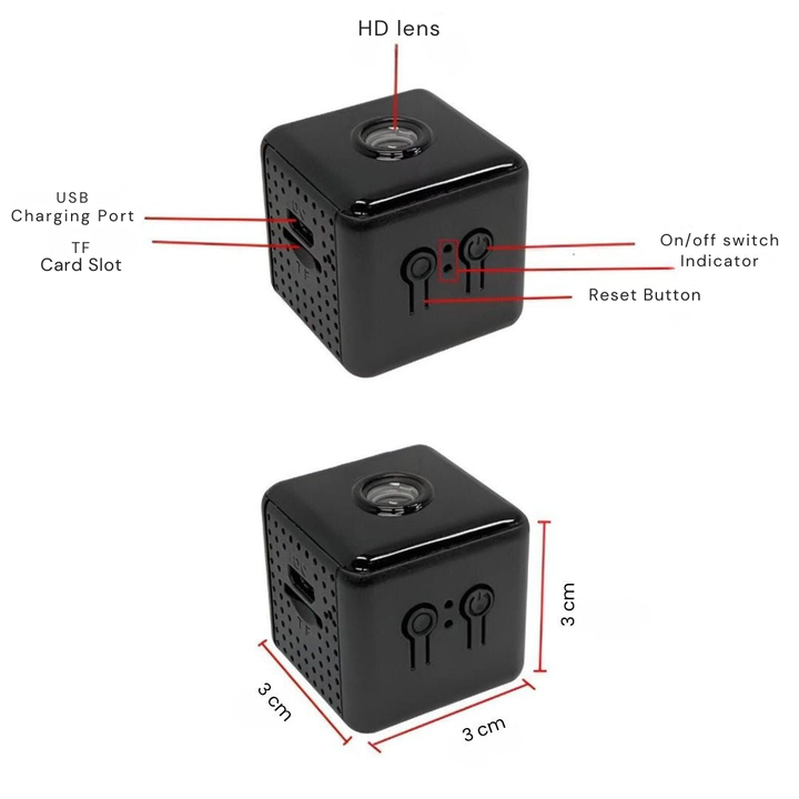 Schéma annoté du petit cube noir indiquant objectif, port de charge, fente pour carte, boutons et ses dimensions de 3 cm par côté. 8