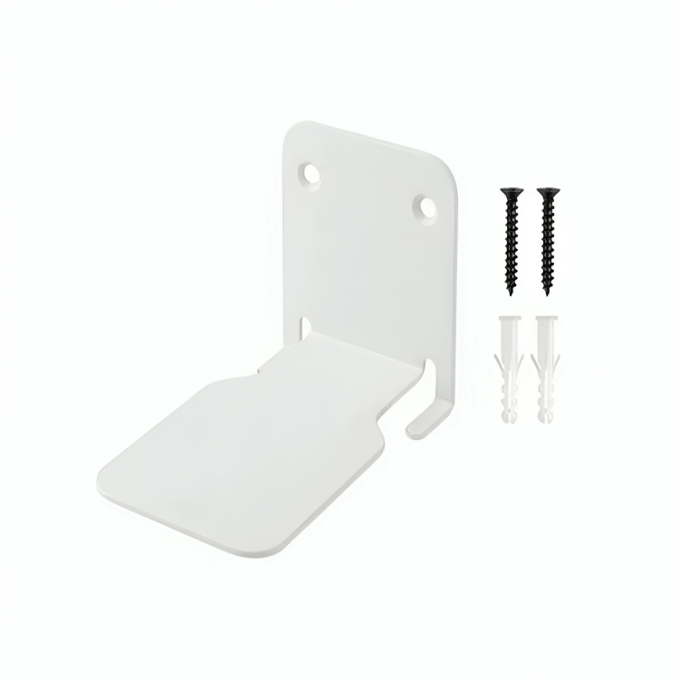 Support d'étagère blanc en équerre posé sur fond blanc, avec deux vis noires et deux chevilles en plastique pour la fixation murale. 7