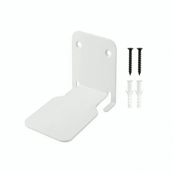 Support d'étagère blanc en équerre posé sur fond blanc, avec deux vis noires et deux chevilles en plastique pour la fixation murale. 7