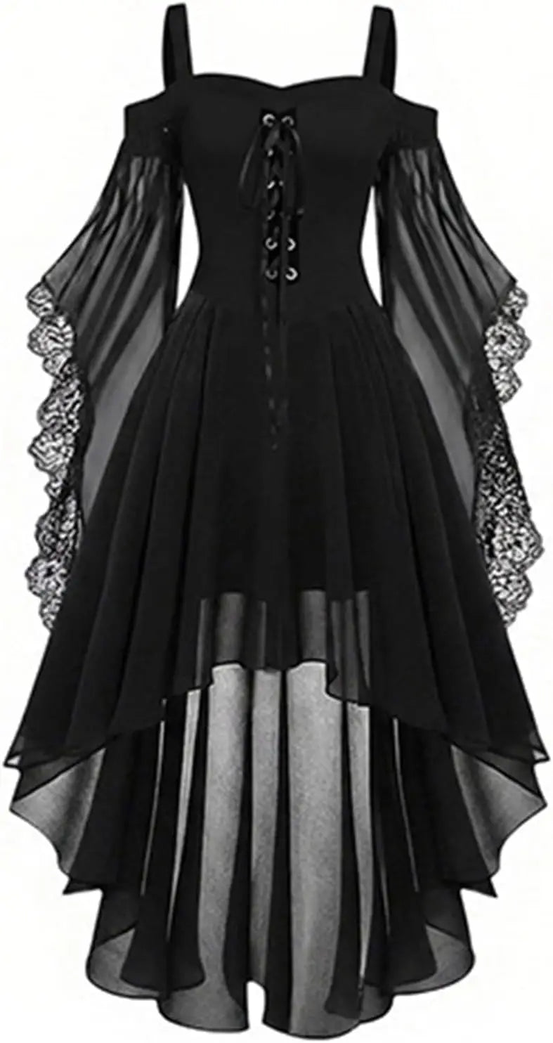 Robe noire à lacets sur le buste, manches évasées en voile et dentelle, présentée à plat de face 2
