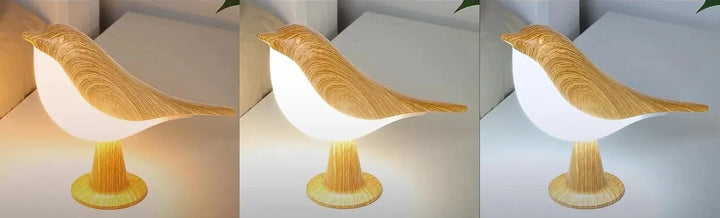 Trois vues côte à côte de la lampe oiseau avec une lumière chaude, neutre puis froide 2