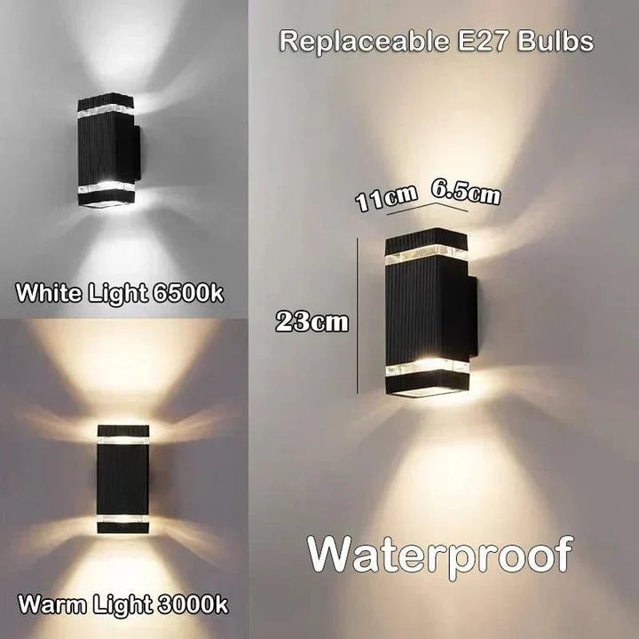 Petit modèle rectangulaire noir avec dimensions indiquées, présenté en lumière blanche froide et en lumière chaude, ampoule E27 remplaçable. 7