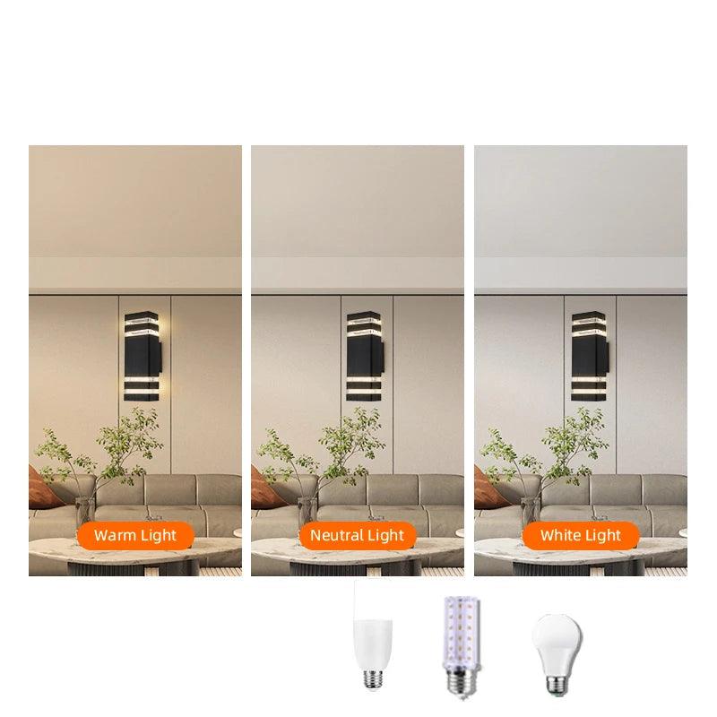 Comparaison de trois ambiances lumineuses chaude, neutre et blanche dans un salon, avec trois types d'ampoules E27 en dessous. 2