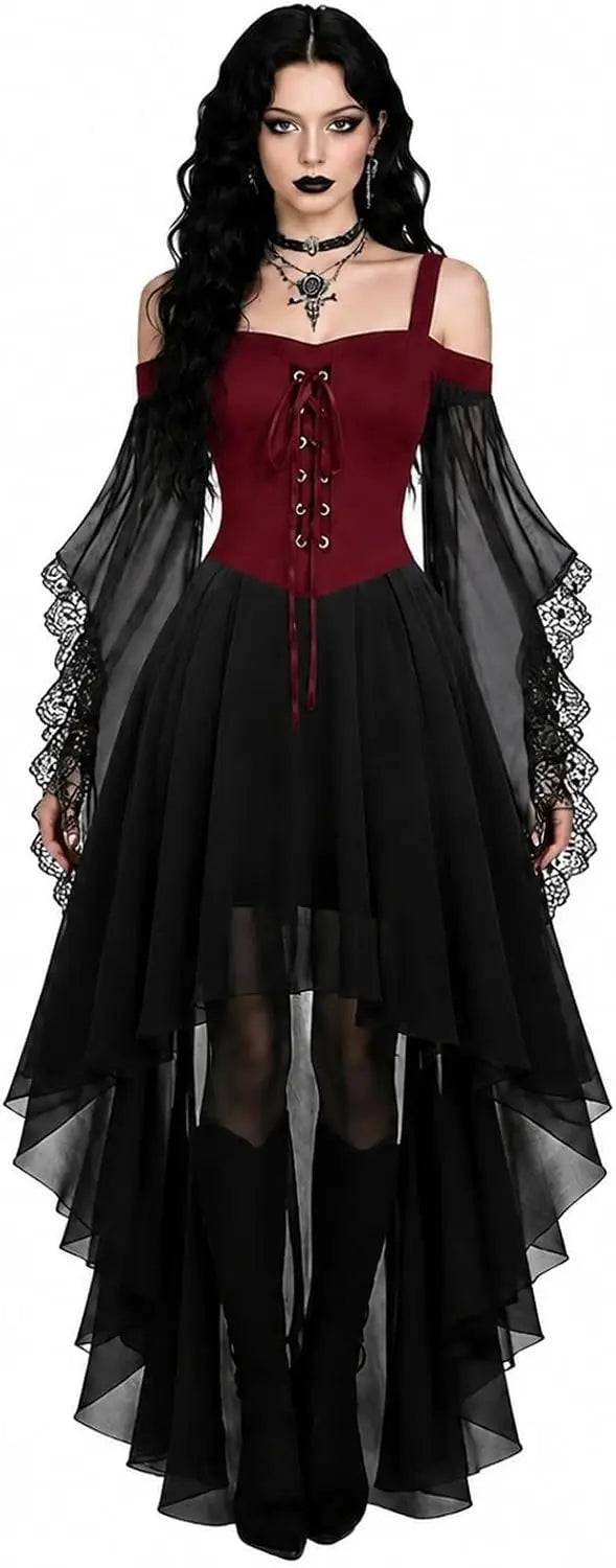 Mannequin portant la version à buste rouge bordeaux lacé, manches de voile et jupe noire plus longue derrière 7