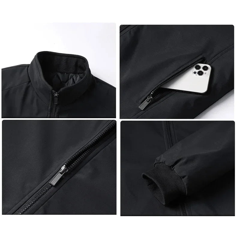 Quatre gros plans de la veste noire : col montant, poche zippée avec téléphone, fermeture à glissière et poignet côtelé. 4