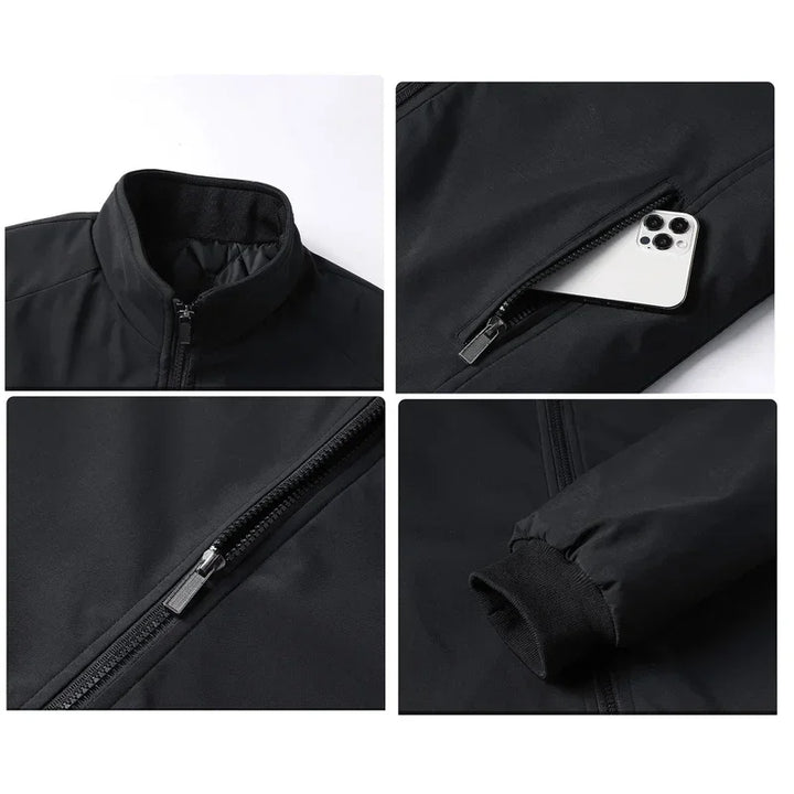 Quatre gros plans de la veste noire : col montant, poche zippée avec téléphone, fermeture à glissière et poignet côtelé. 4