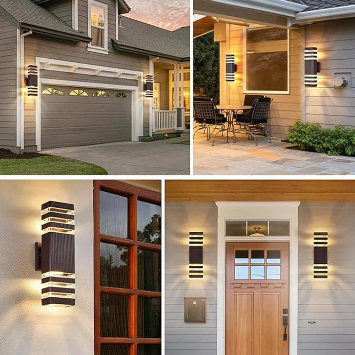 Quatre scènes d'extérieur montrant les appliques allumées près d'un garage, d'une terrasse, d'une fenêtre et d'une porte d'entrée en bois. 3