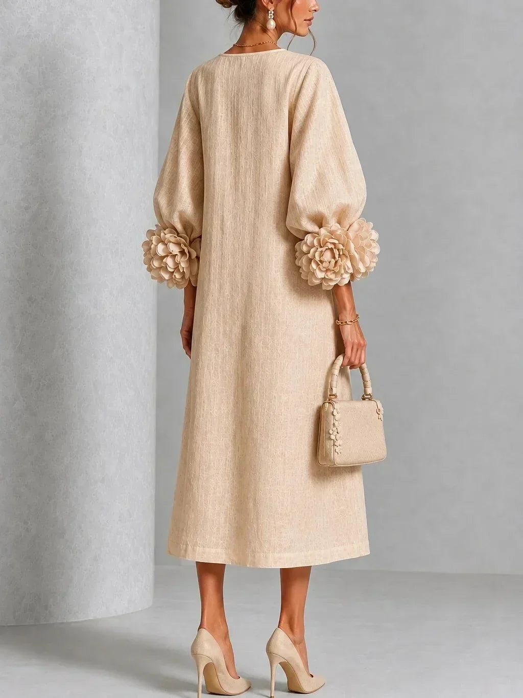 Robe beige vue de dos, dos uni et droit, manches bouffantes terminées par de grosses fleurs en relief, sac beige tenu à la main. 7