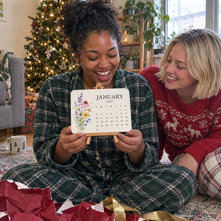 Femme en pyjama à carreaux tenant le calendrier de janvier sur chevalet, ravie, à côté d'une amie au pied du sapin 5