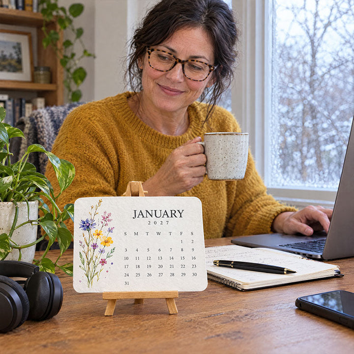 Calendrier de janvier à fleurs sauvages sur un bureau en bois, devant une femme qui boit son café 6