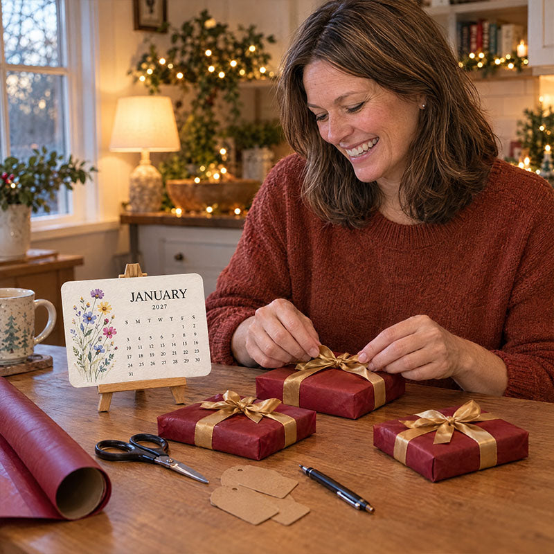 Femme emballant des cadeaux à ruban doré à côté du calendrier de janvier à fleurs sur son chevalet 8