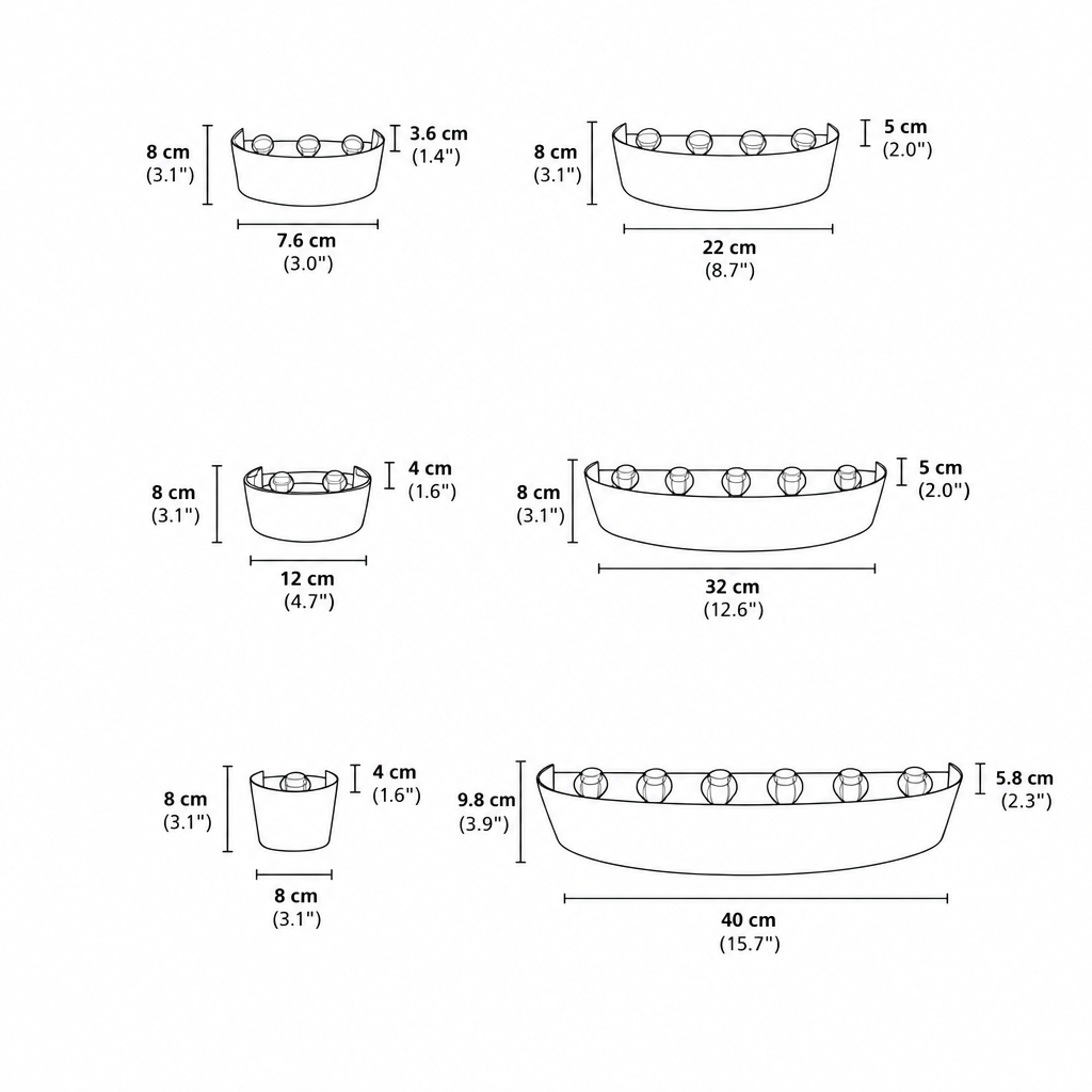 Dessin technique au trait des appliques en six tailles, avec leurs dimensions en centimètres, sans couleur ni éclairage. 15