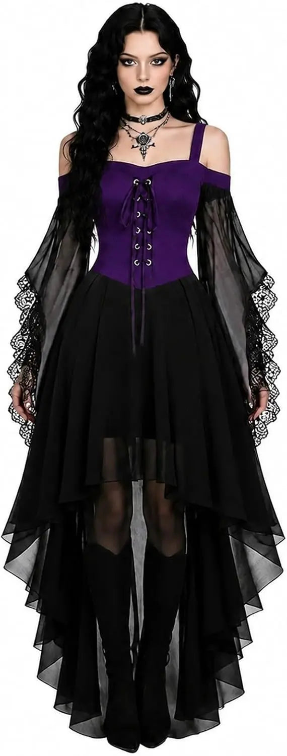 Mannequin portant la version à buste violet lacé, manches de dentelle noire et jupe de voile asymétrique 6