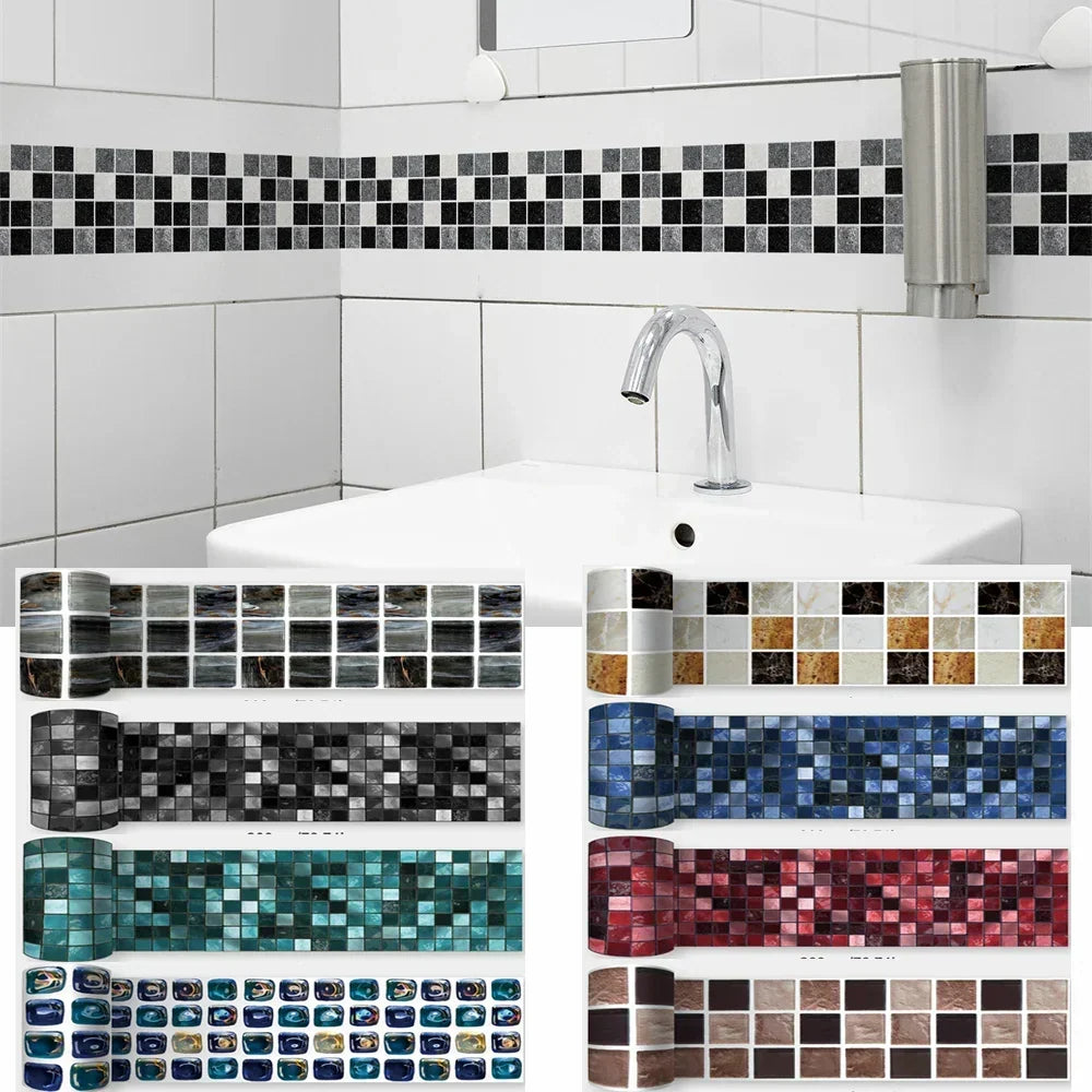Frise de mosaïque noire, grise et blanche près d'un lavabo, avec huit rouleaux de coloris en dessous 13