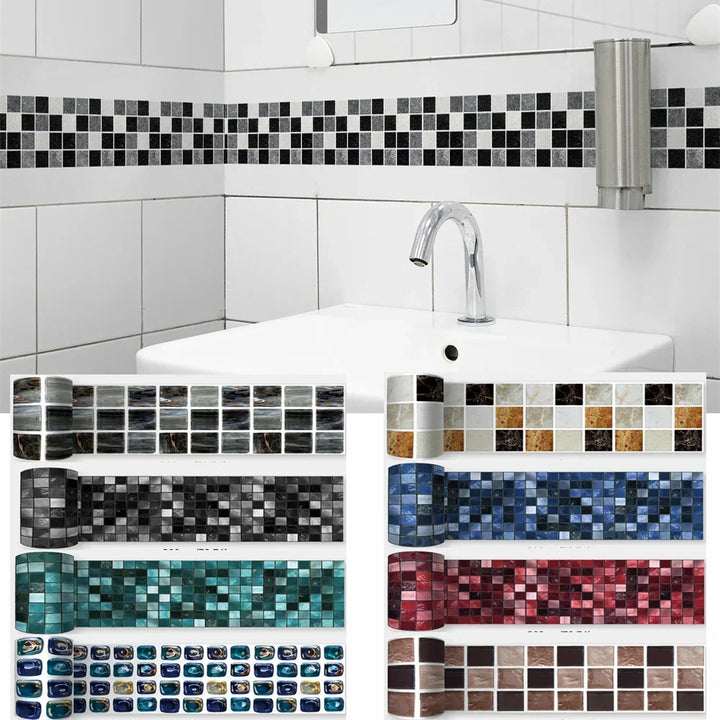 Frise de mosaïque noire, grise et blanche près d'un lavabo, avec huit rouleaux de coloris en dessous 13