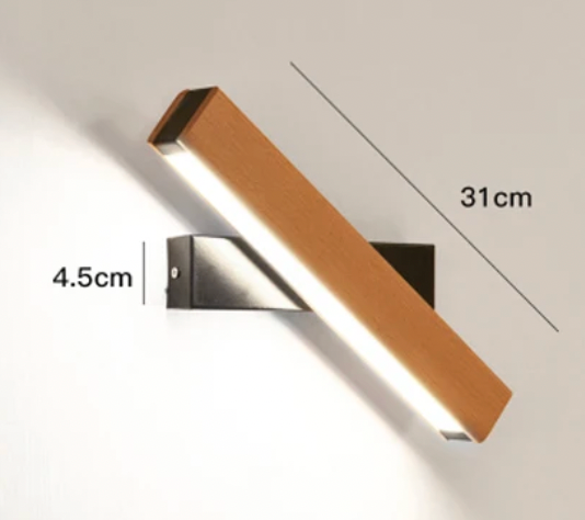 Applique pivotante à support noir avec cotes indiquées, longue barre en bois inclinée et bande lumineuse allumée. 5
