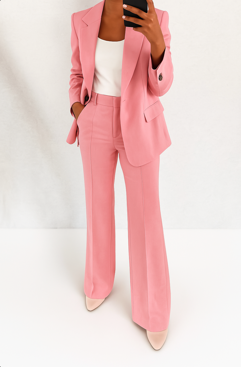 Tailleur rose porté en pied avec débardeur blanc et escarpins rose pâle, main dans la poche 5