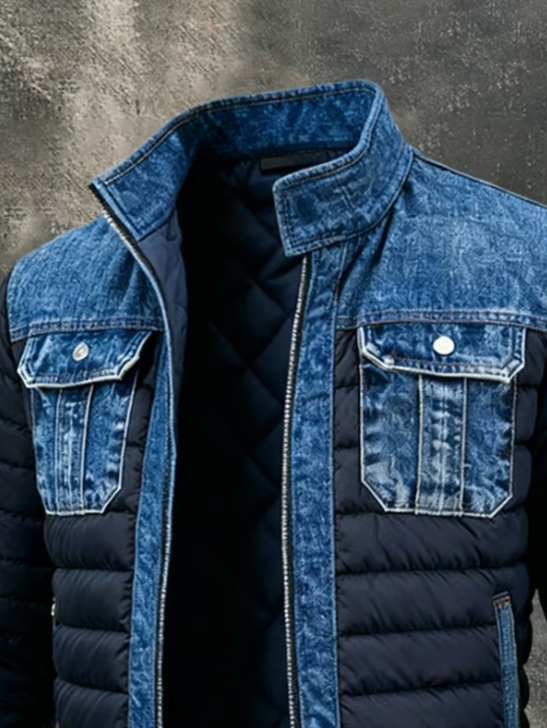 Gros plan sur le col montant, les poches poitrine à rabat boutonné et le zip en denim 2