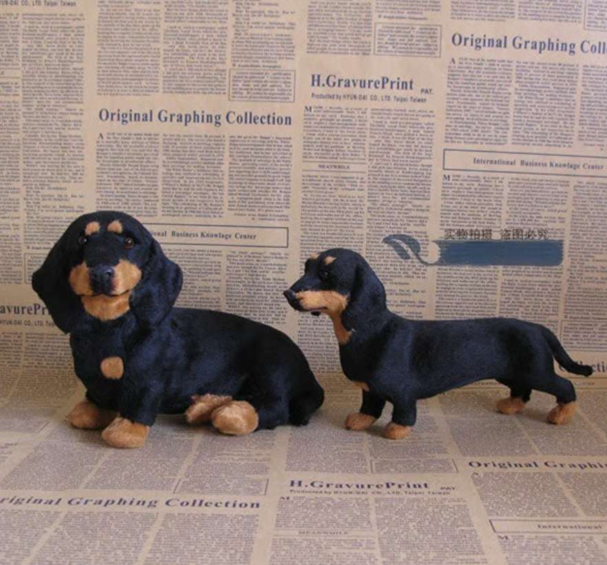 Deux teckels en peluche noir et feu posés côte à côte, l'un assis et l'autre debout, sur fond de papier journal. 2
