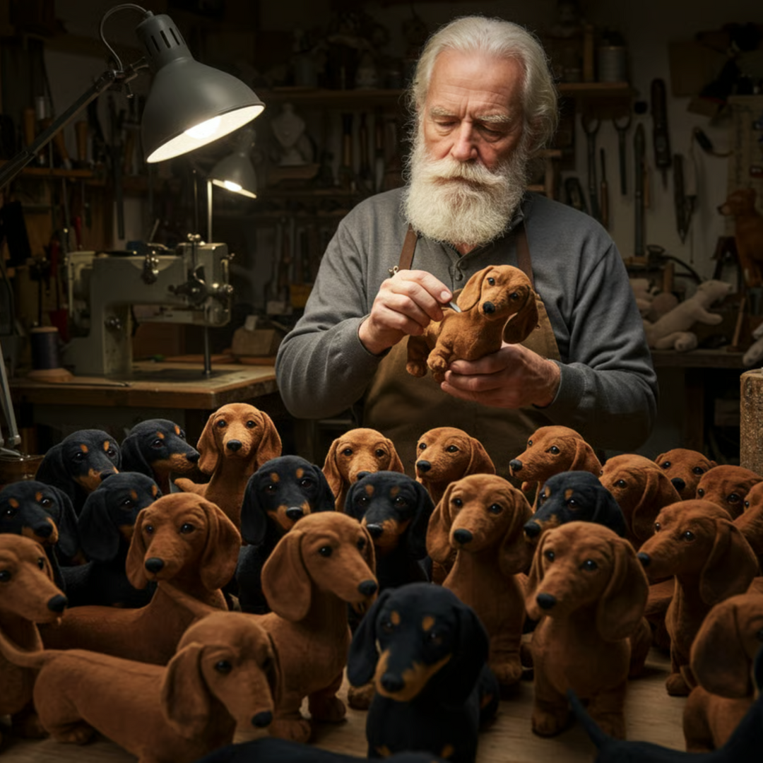 Artisan barbu cousant un teckel en peluche dans son atelier, entouré de nombreux teckels bruns et noirs. 4