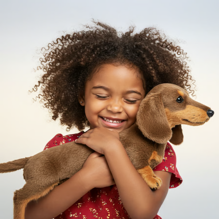 Fillette aux cheveux bouclés, les yeux fermés et souriante, serrant dans ses bras une grande peluche teckel marron. 7