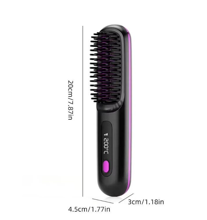 Brosse noire à liseré violet sur fond blanc avec ses dimensions indiquées : longueur, largeur et épaisseur. 7