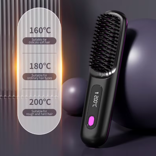 Brosse noire posée contre une sphère violette, avec trois niveaux de température indiqués selon le type de cheveux. 5