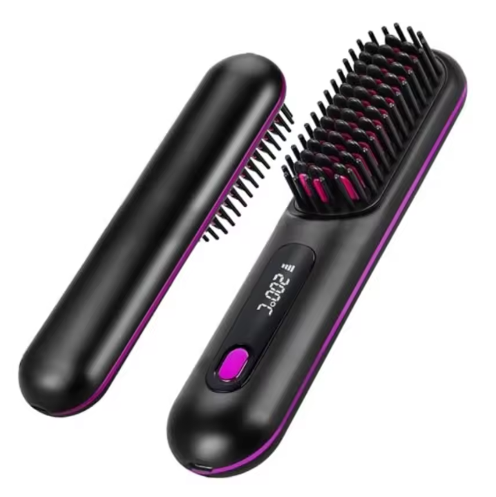 Deux brosses chauffantes noires à liseré violet, l'une vue de dos et l'autre de face avec écran de température et bouton. 1