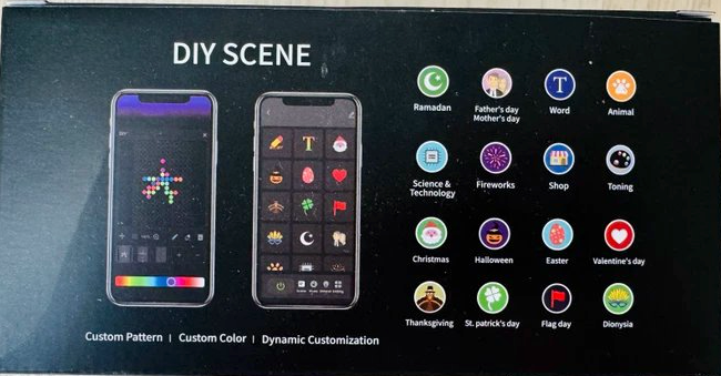 Dos de l'emballage présentant les scènes personnalisables de l'application, avec icônes de fêtes et d'occasions 11