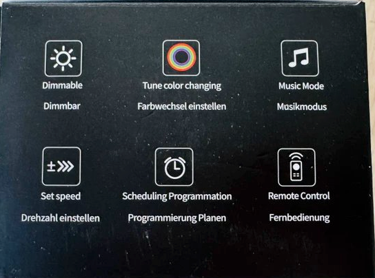 Dos de l'emballage listant six fonctions: variation, changement de couleur, mode musique, vitesse, programmation et 12