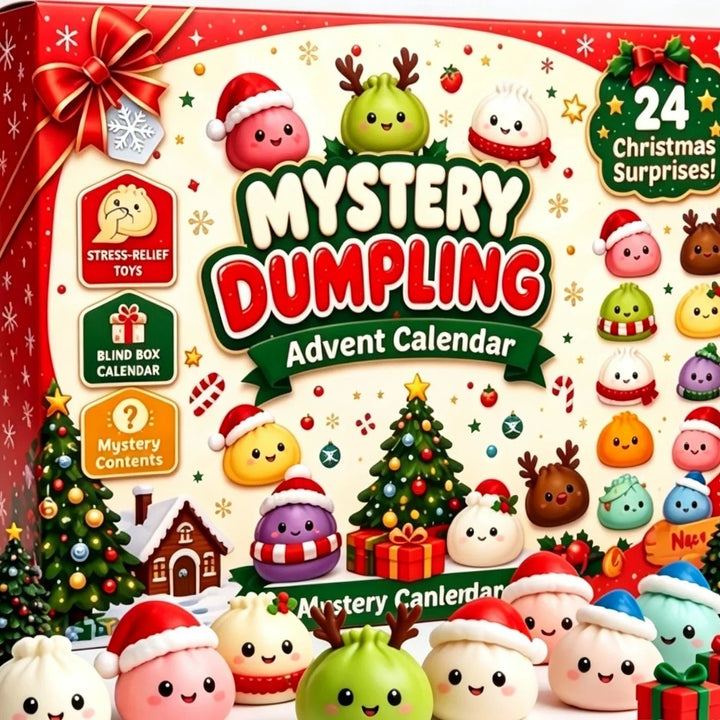 Boîte rouge festive du calendrier, décor de sapin et chalet, avec petits raviolis souriants au premier plan 1