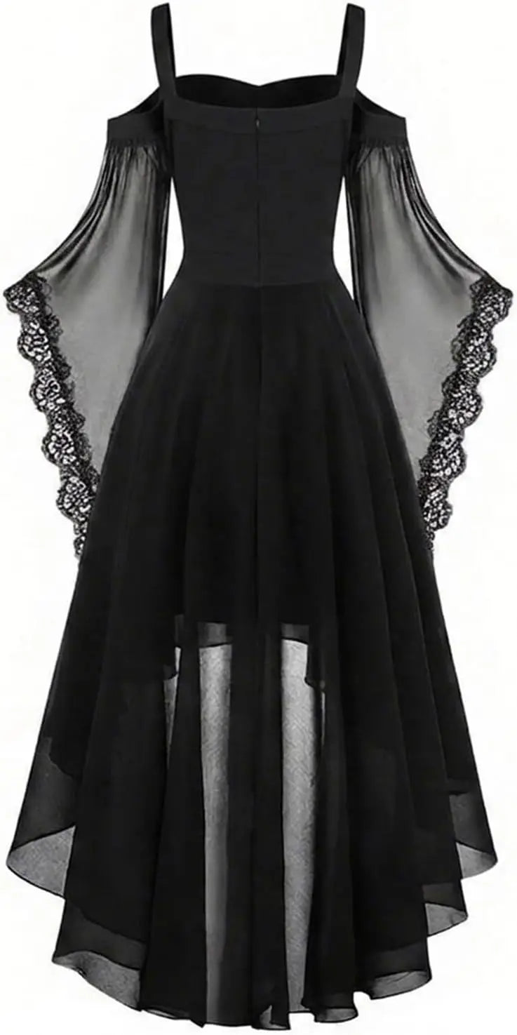 Dos de la robe noire, buste uni, manches de voile bordées de dentelle et jupe plus longue derrière 3