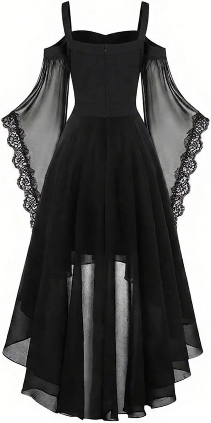 Dos de la robe noire, buste uni, manches de voile bordées de dentelle et jupe plus longue derrière 3
