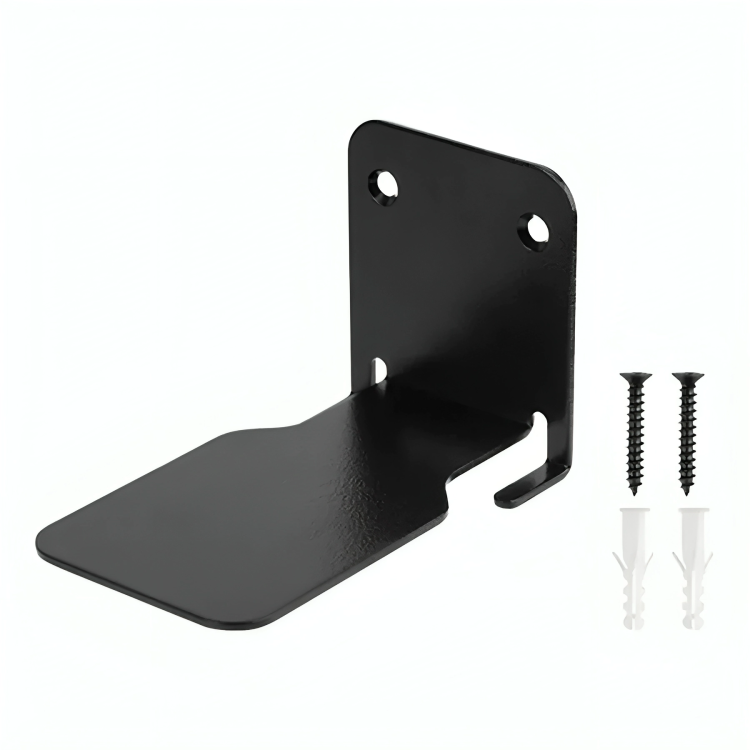 Support d'étagère noir en équerre, avec ses deux trous de fixation, accompagné de deux vis noires et de deux chevilles blanches. 8