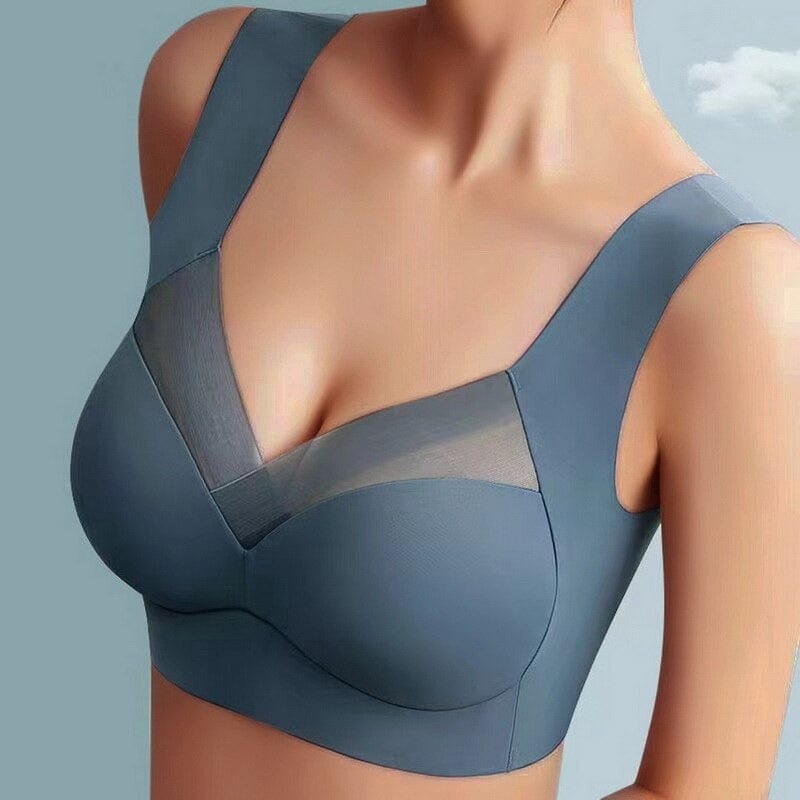 Version bleu-gris du soutien-gorge porté de face, avec empiècement en voile transparent au décolleté 2