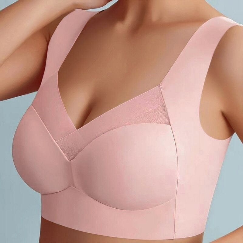 Version rose pâle portée de face, avec bretelles larges et bande en mesh sur le décolleté 4