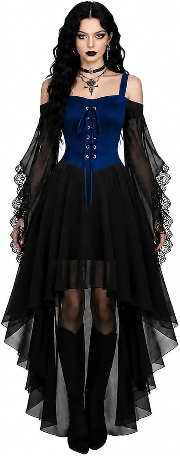 Mannequin portant la version à buste bleu roi lacé, jupe de voile noir asymétrique et bottes hautes 5