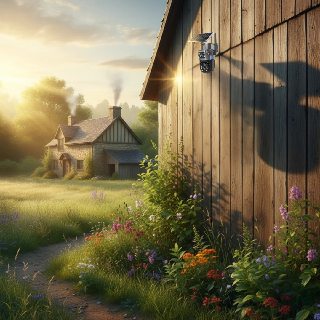 Caméra solaire installée sur le mur d'une grange en bois au lever du soleil, avec une maison de pierre en arrière-plan. 3