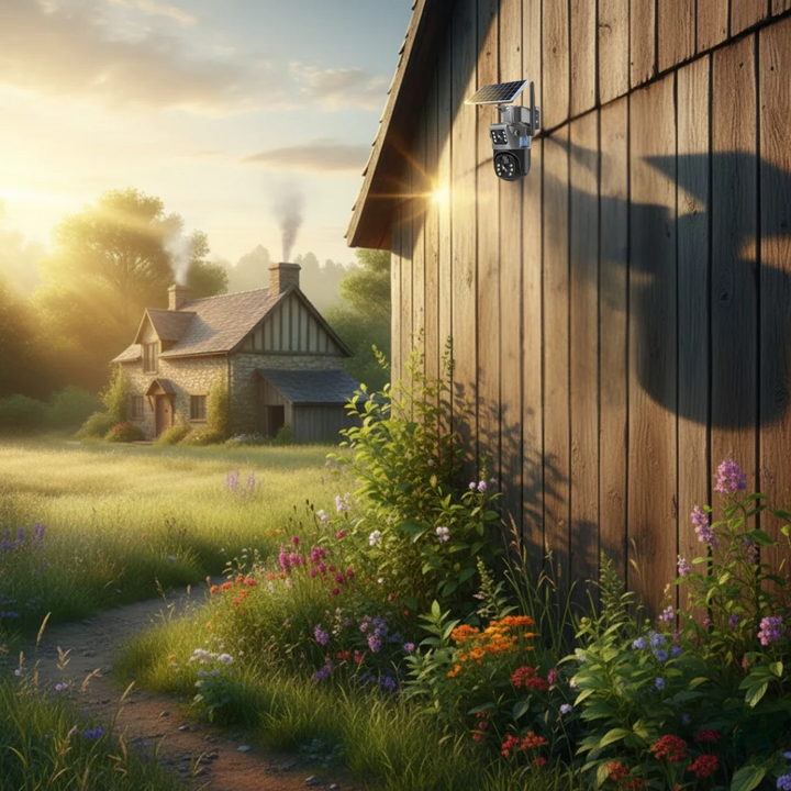 Caméra solaire installée sur le mur d'une grange en bois au lever du soleil, avec une maison de pierre en arrière-plan. 3