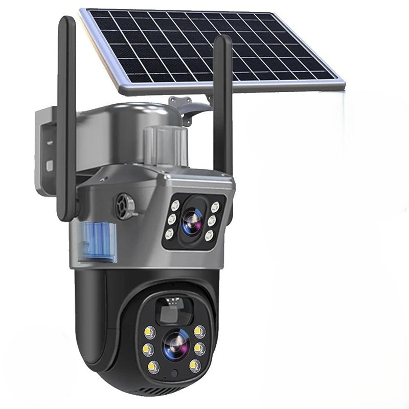 Caméra grise et noire sur fond blanc, avec panneau solaire, deux antennes, deux objectifs et petits projecteurs LED, vue de face. 1