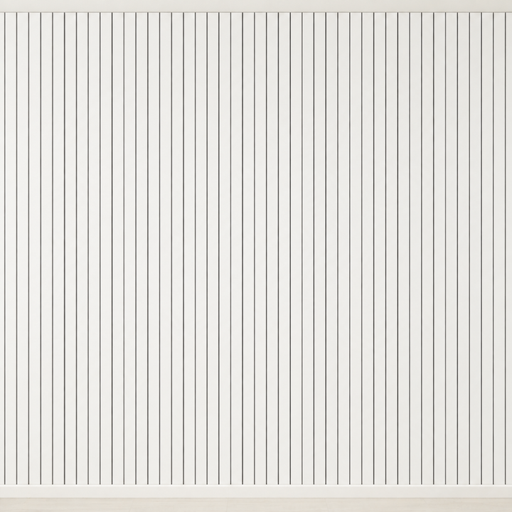 Mur couvert de lattes verticales blanches séparées par de fines rainures grises, vue de face 7