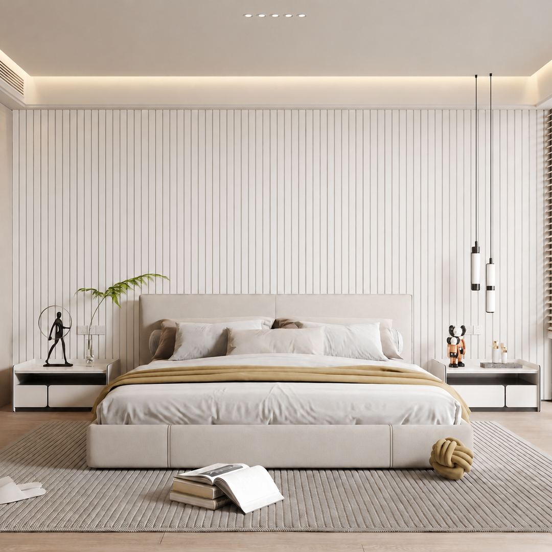 Chambre lumineuse avec mur de tête de lit en lattes blanches et rainures grises 9