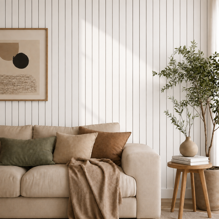 Salon avec canapé beige devant un mur de lattes blanches, cadre abstrait et plante 10