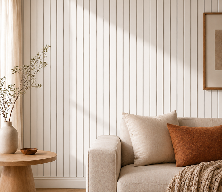 Détail d'un mur de lattes blanches à rainures fines, avec canapé beige, coussin rouille et table ronde 11