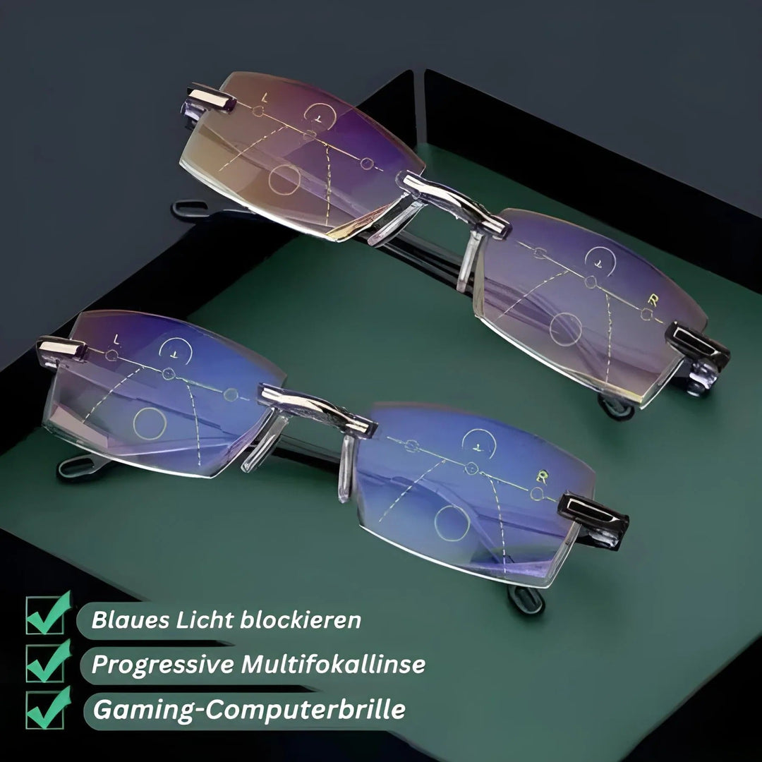 Deux paires de lunettes sans monture sur un plateau vert, avec les zones de vision progressive des verres visibles. 3