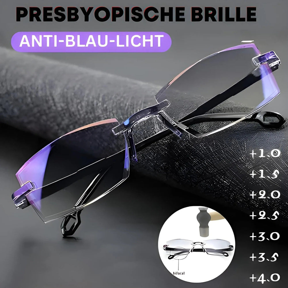 Lunettes sans monture posées sur un tissu gris texturé, avec une liste de degrés de correction et un détail de la lentille. 2