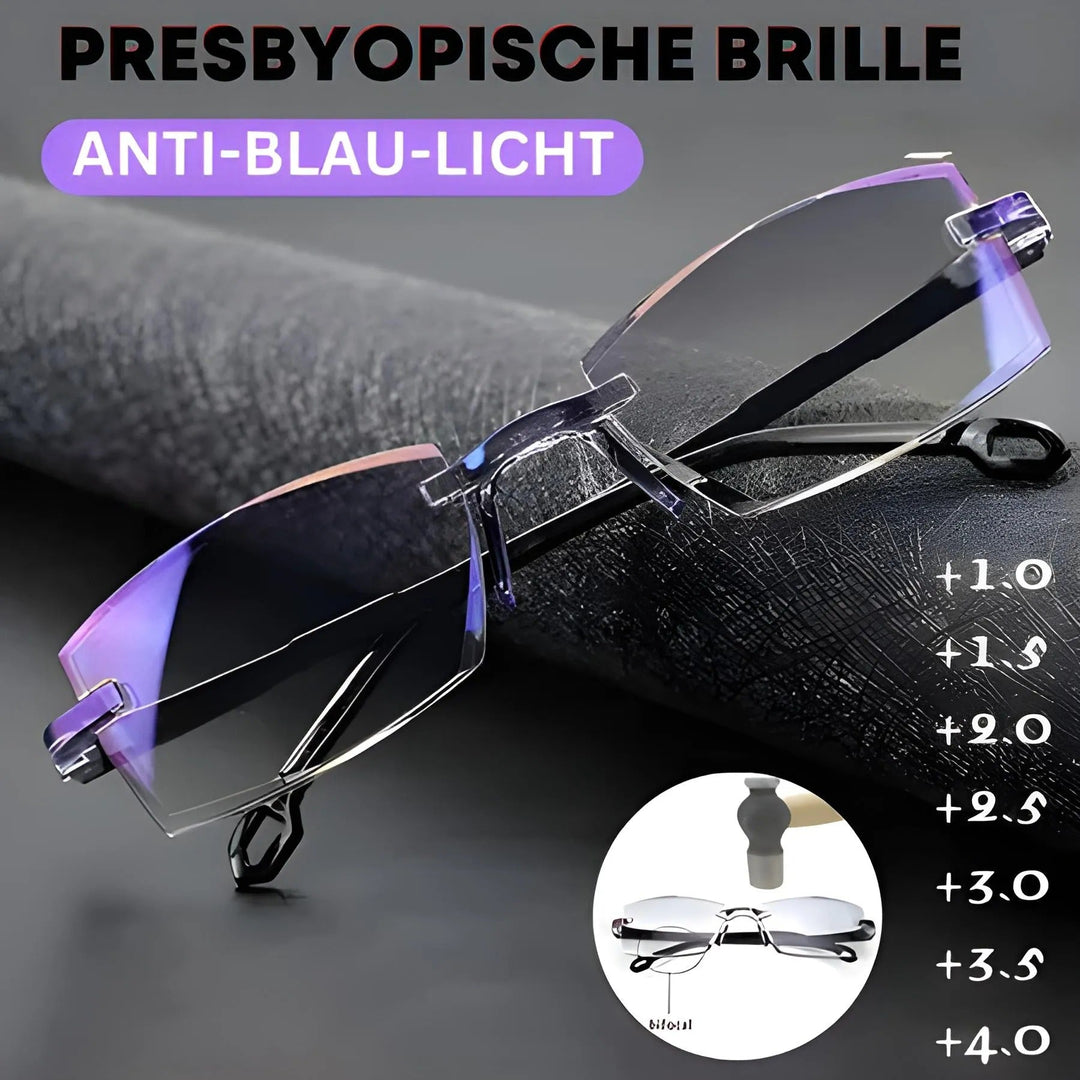 Lunettes sans monture posées sur un tissu gris texturé, avec une liste de degrés de correction et un détail de la lentille. 2